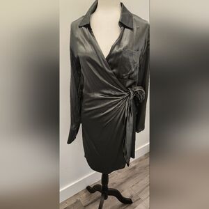 Simons Satin Forest Greeb Wrap Dress